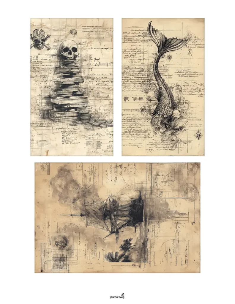 Pirate junk journal kit mini cards featuring vintage illustrations of a pirate skull, a mermaid tail, and a ship, all set against a textured, aged background.