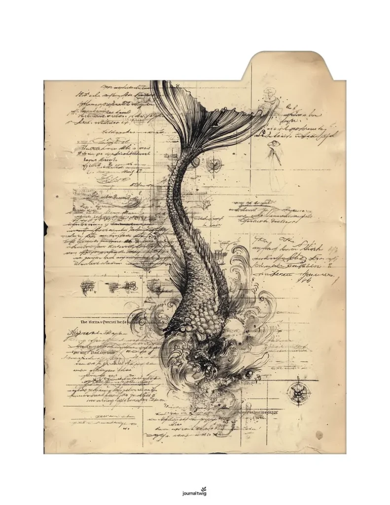 Pirate junk journal kit folding folio featuring a detailed illustration of a mermaid's tail against an aged paper background adorned with vintage handwritten notes and nautical sketches.