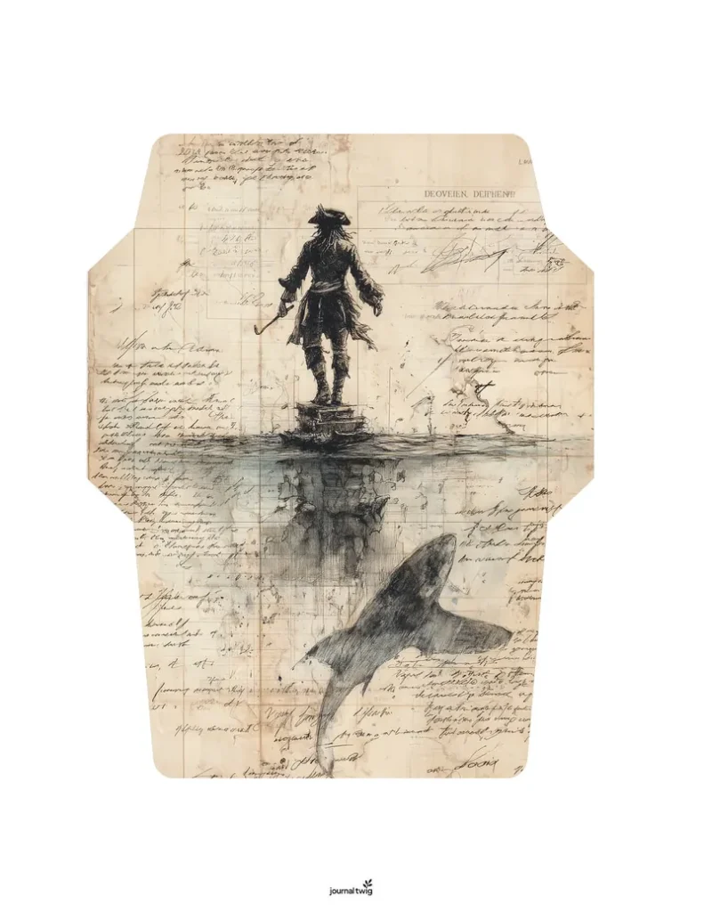 Pirate junk journal kit envelope featuring a vintage illustration of a pirate with a sword standing on a rock, surrounded by aged parchment with handwritten notes and a shark swimming below.