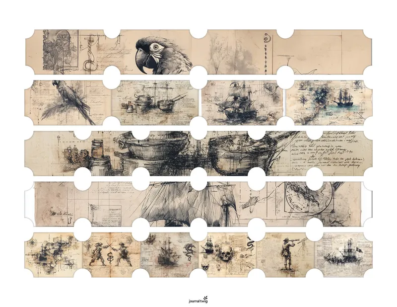 Pirate junk journal kit belly bands featuring vintage illustrations of ships, a parrot, and nautical elements in muted tones.