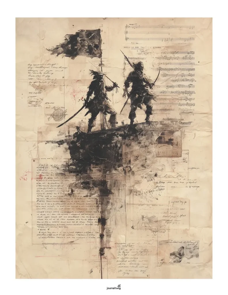 Pirate junk journal kit vertical background featuring an artistic blend of sepia tones and dark illustrations of pirates, with vintage music sheets and handwritten notes.