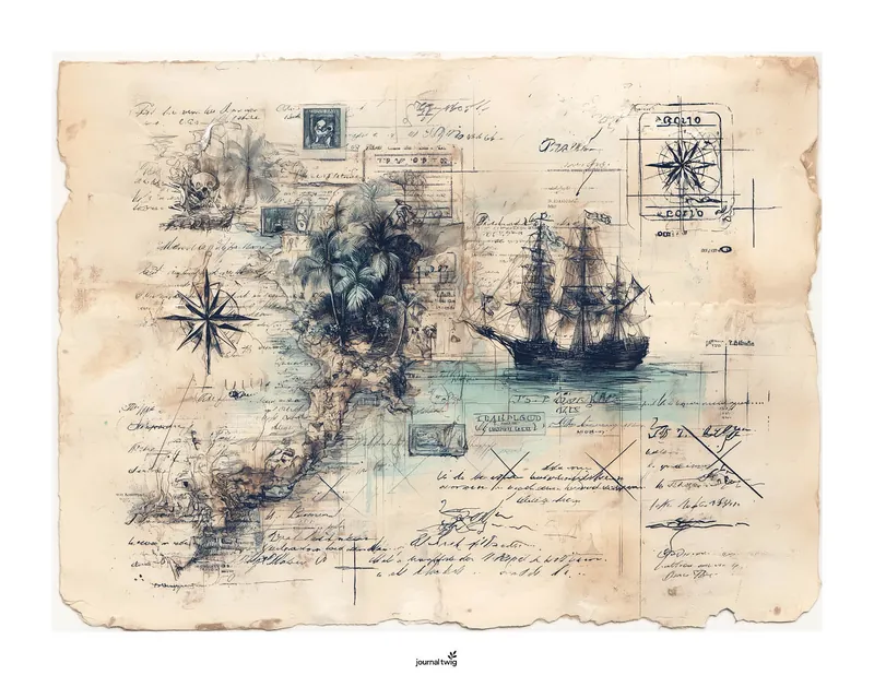 Pirate junk journal kit horizontal background featuring vintage nautical elements, an old pirate ship, and a vintage map aesthetic.