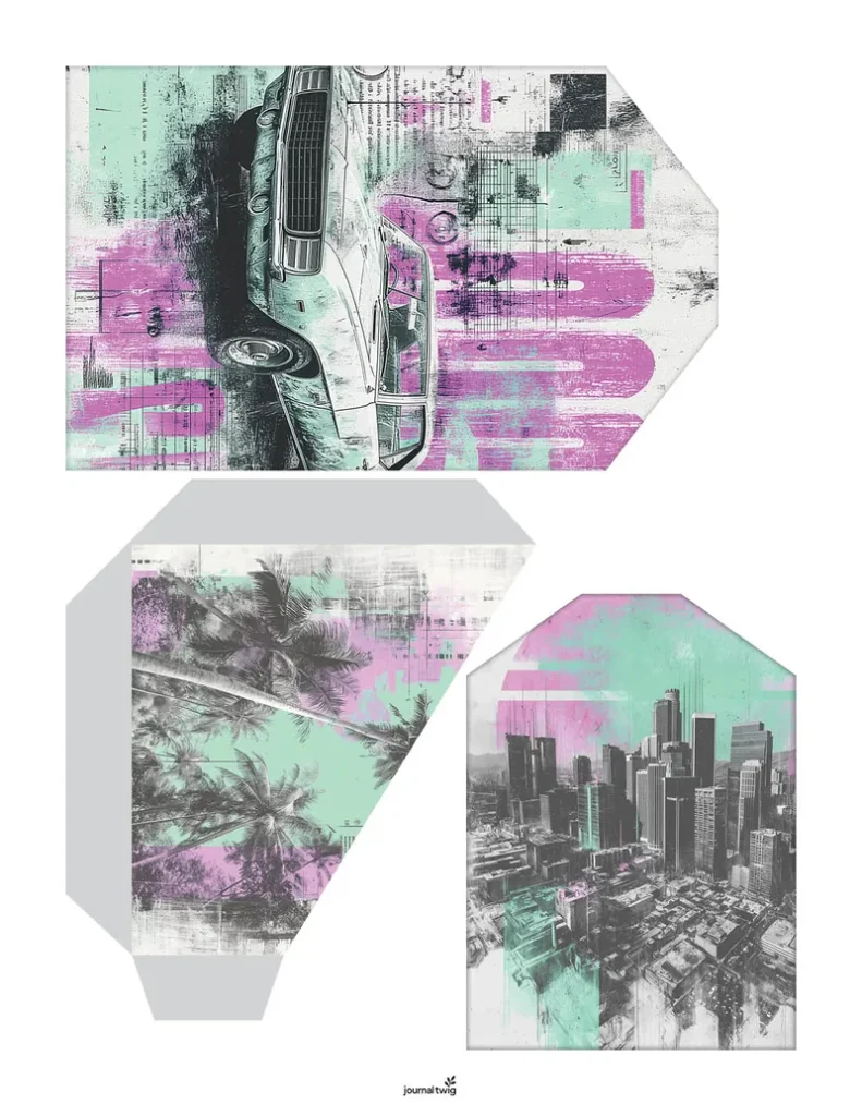 Punk Rock Poster Junk Journal Kit Pocket And Tag features vibrant colors and urban elements, including a vintage car, city skyline, and palm trees, designed as pockets and tags for junk journaling.