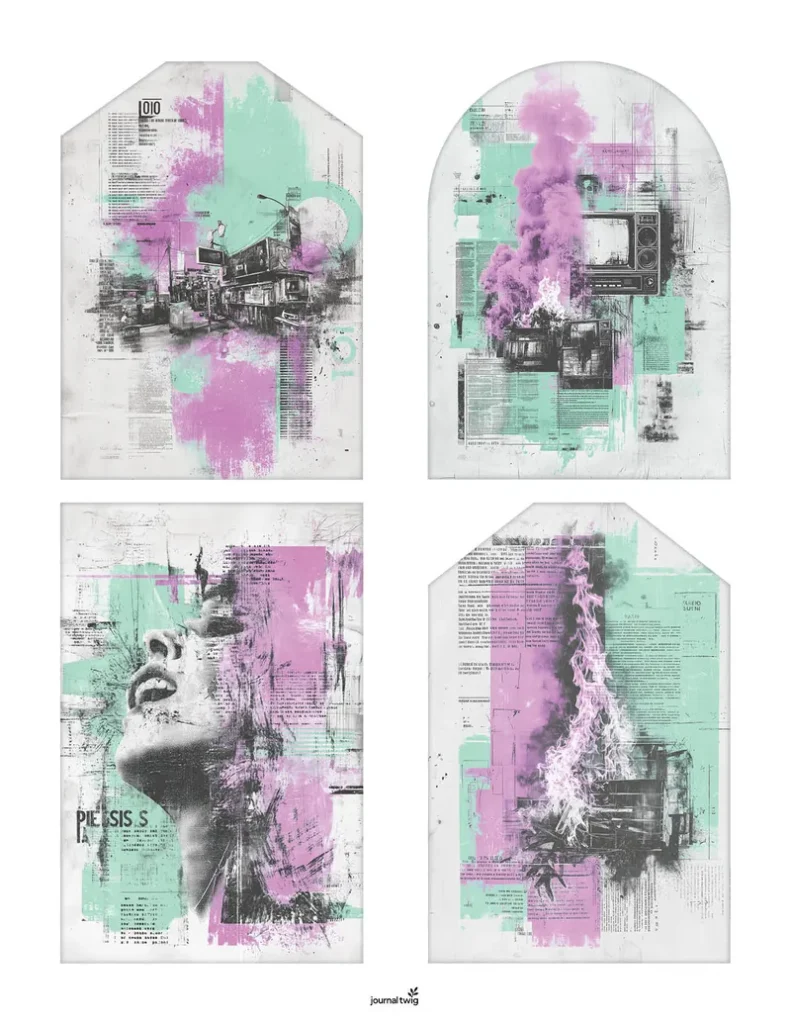 Punk Rock Poster Junk Journal Kit Tags featuring vibrant pink, green, and gray colors with urban and abstract imagery.