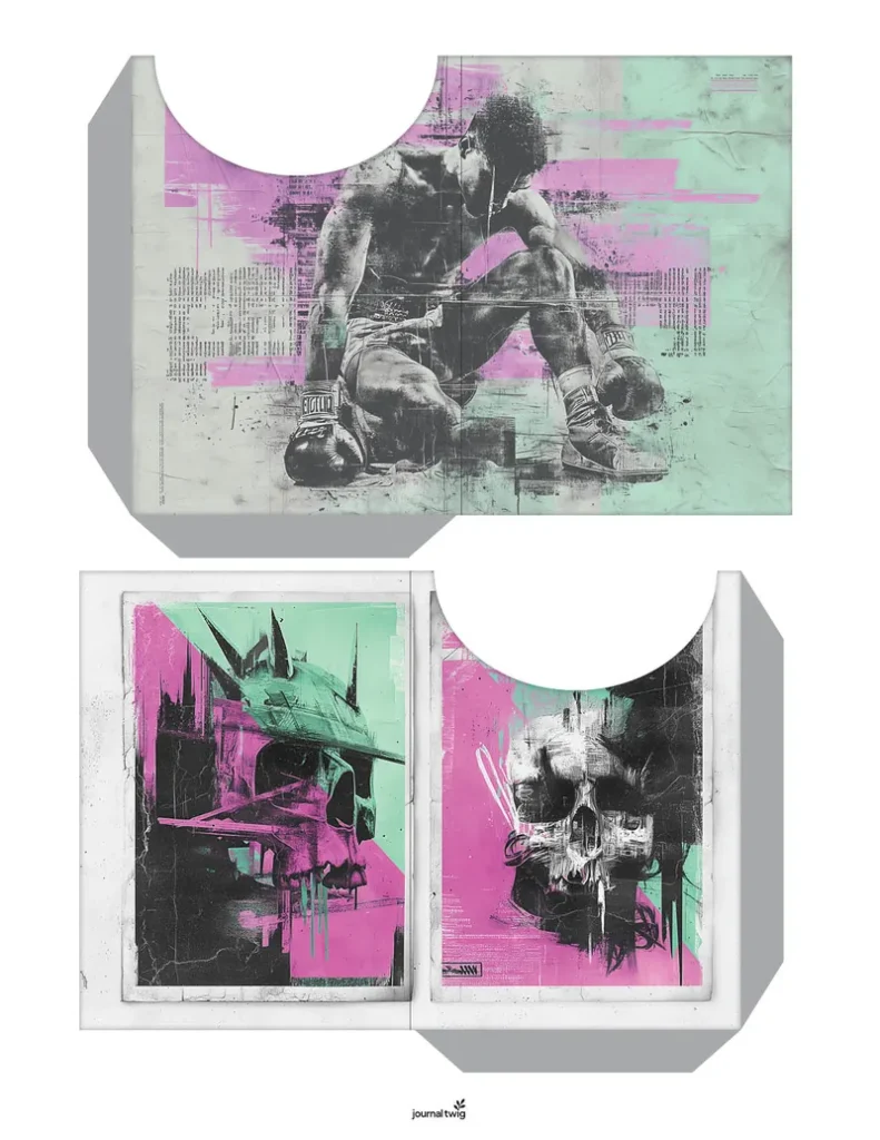 Punk Rock Poster Junk Journal Kit Pocket featuring bold colors, abstract textures, and illustrations of a boxer and skulls.