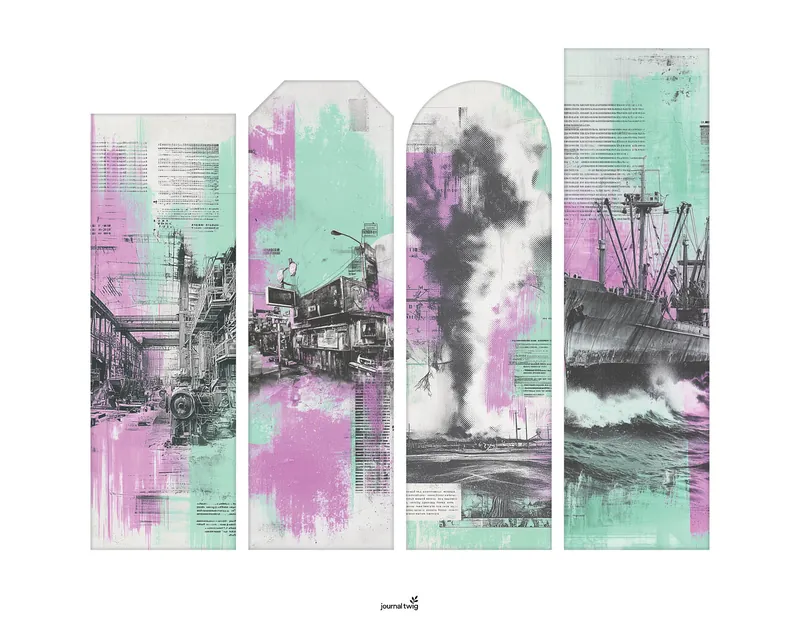 Punk Rock Poster Junk Journal Kit Bookmarks featuring vibrant mint green and pink hues with urban and maritime imagery blended in a collage style.