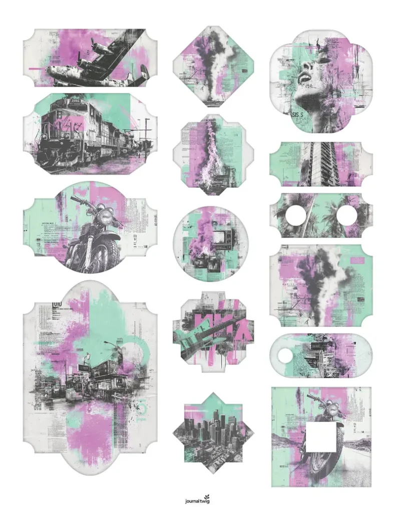 Punk Rock Poster Junk Journal Kit Stamps and Ephemera features vibrant purple and mint graphics of vintage vehicles and urban scenes on designed tags and embellishments.
