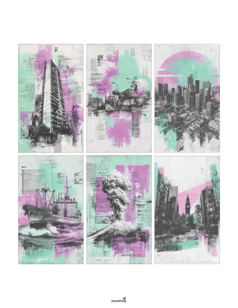 Punk Rock Poster Junk Journal Kit Mini Cards featuring vibrant pink and mint green abstract textures, urban illustrations, and vintage newspaper elements.
