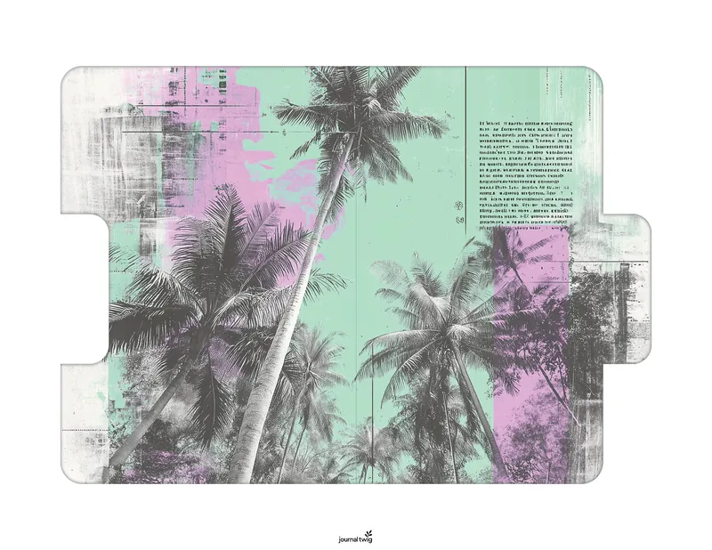 Punk Rock Poster Junk Journal Kit Folding Folio featuring a vibrant, artistic design with palm trees against a textured background of pastel green and pink.