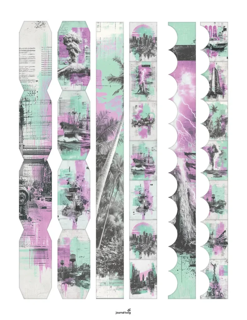 Punk Rock Poster Junk Journal Kit Belly Bands featuring a vibrant mix of pastel pink and mint green with black and white urban illustrations.