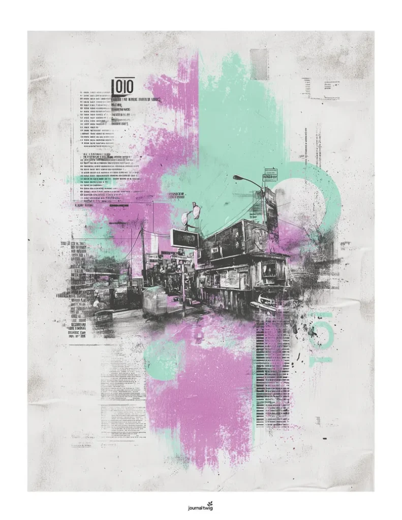 Punk Rock Poster Junk Journal Kit Vertical Background featuring vibrant splashes of pink and mint green on a textured gray canvas, layered with urban imagery and typography.