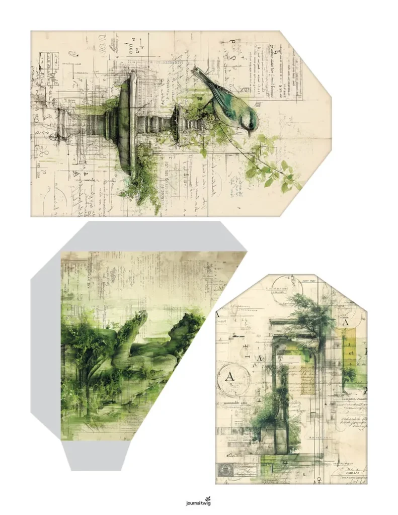 Secret garden junk journal kit pocket and tag featuring botanical illustrations and a whimsical bird design.