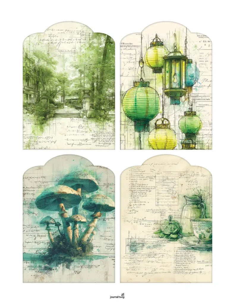 Secret garden junk journal kit tags featuring intricate illustrations of lanterns, mushrooms, and botanical elements in a soft, vintage style.