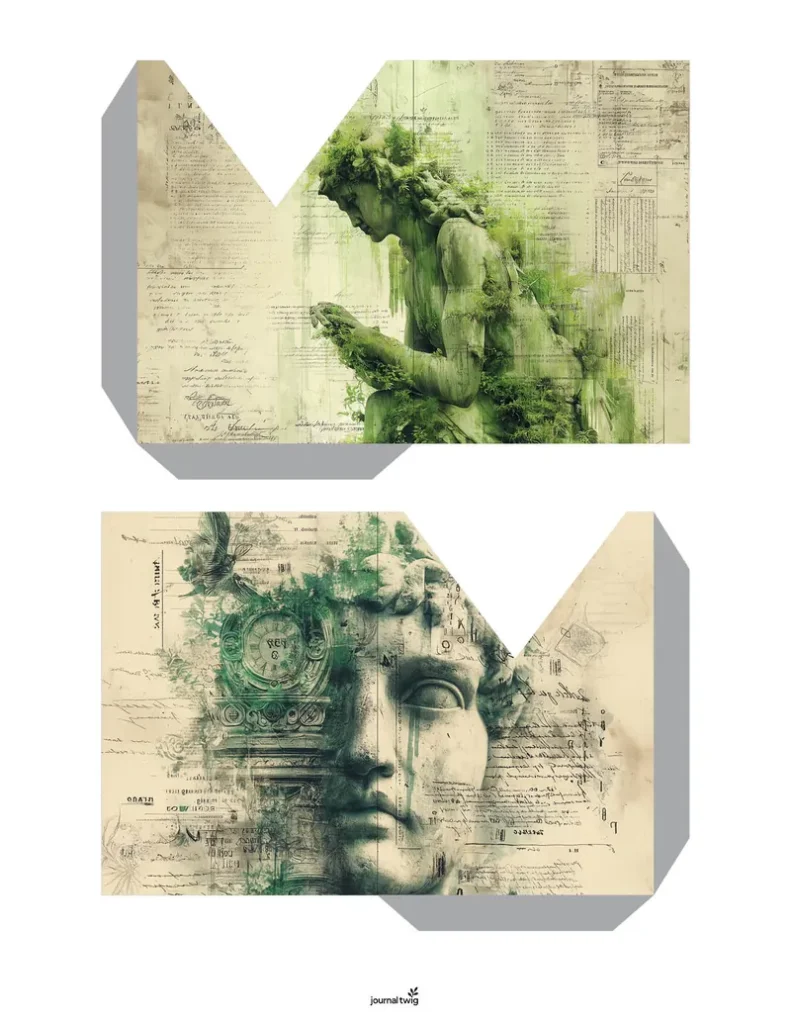 Secret garden junk journal kit pocket featuring a serene green-toned design showcasing nature and classical sculptures interwoven with antique textures and writings.