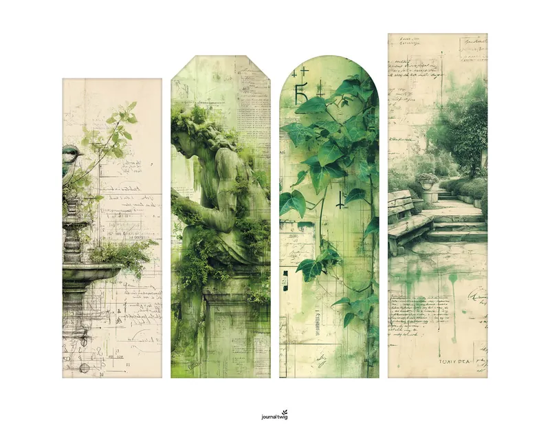 Secret garden junk journal kit bookmarks featuring botanical elements and vintage illustrations in soft green and beige tones.