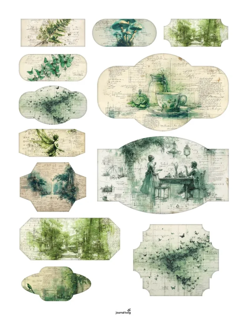 Secret garden junk journal kit stamps and ephemera featuring vintage-style illustrations in green and earthy tones with intricate details and various shapes.