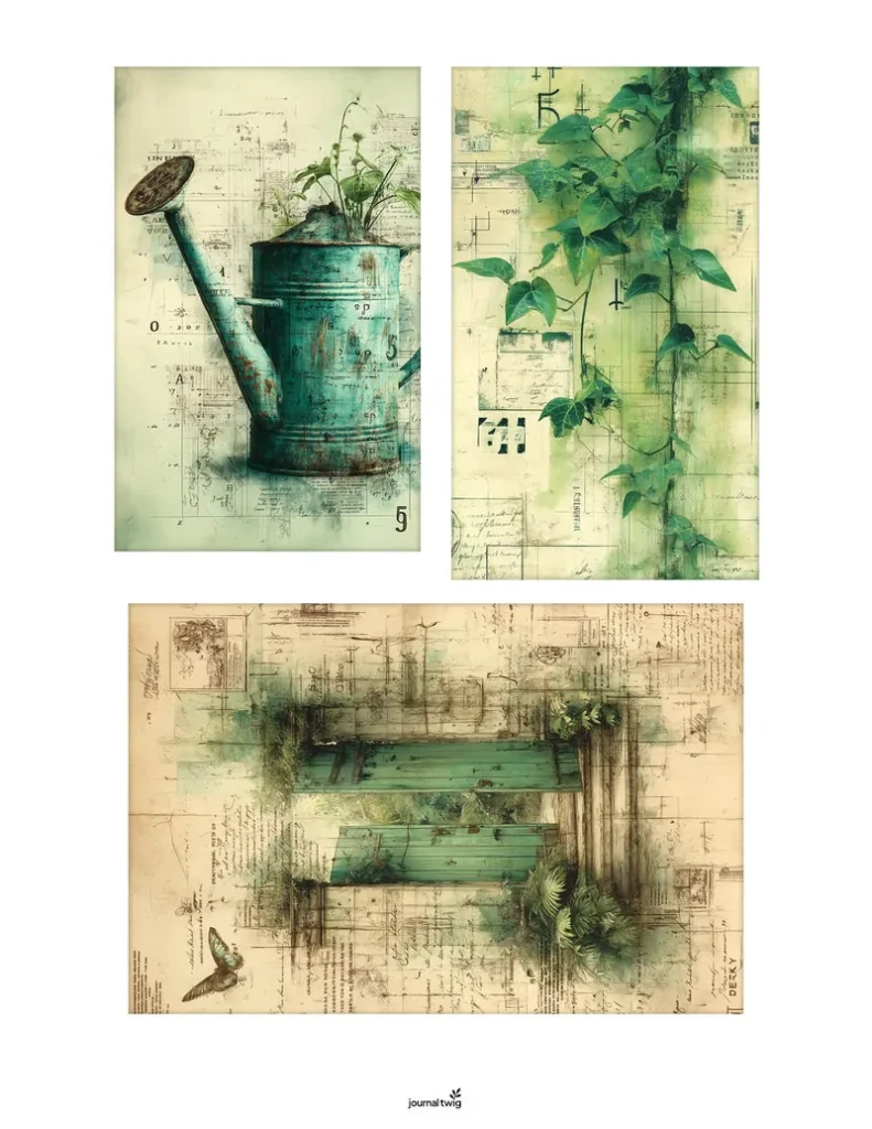 Secret garden junk journal kit mini cards featuring vintage-style illustrations of a watering can, climbing ivy, and a wooden gate adorned with greenery.