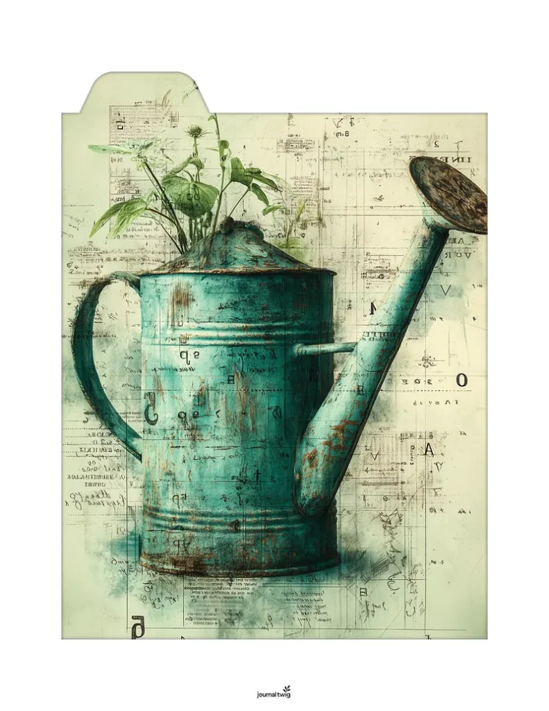 Secret garden junk journal kit folding folio featuring a vintage turquoise watering can design with lush greenery against a softly textured background.