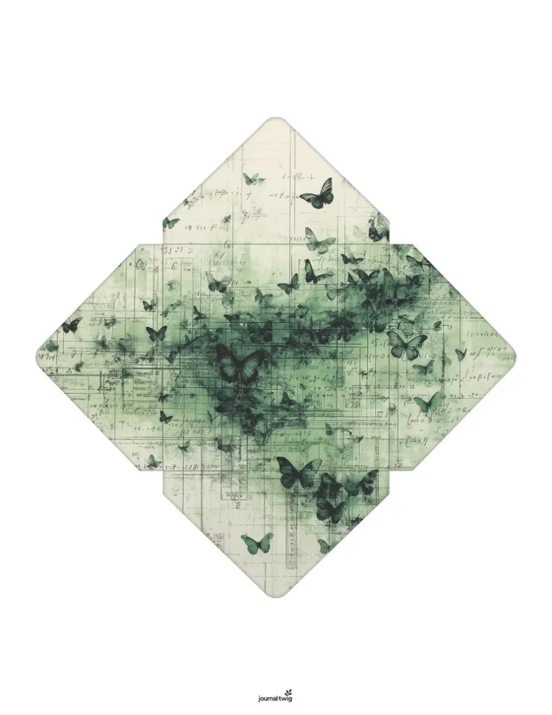 Secret garden junk journal kit envelope featuring a delicate green and black butterfly design against a faded background of handwritten notes and vintage paper.