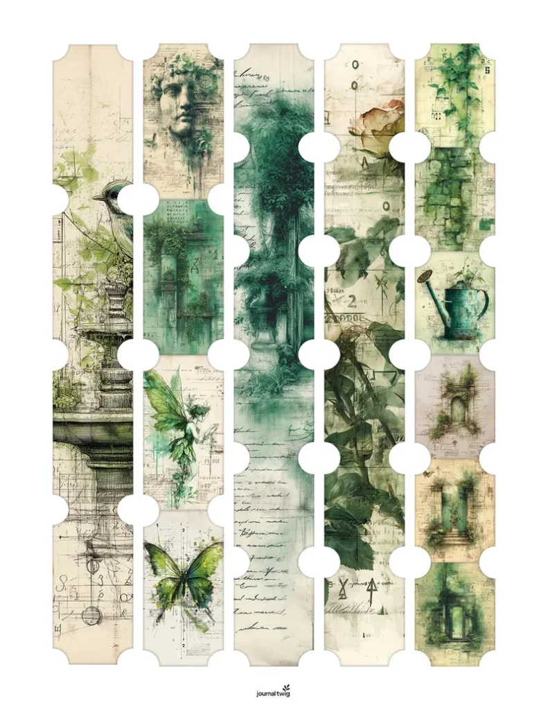 Secret garden junk journal kit belly bands featuring lush green colors, vintage-style graphics, and botanical motifs.