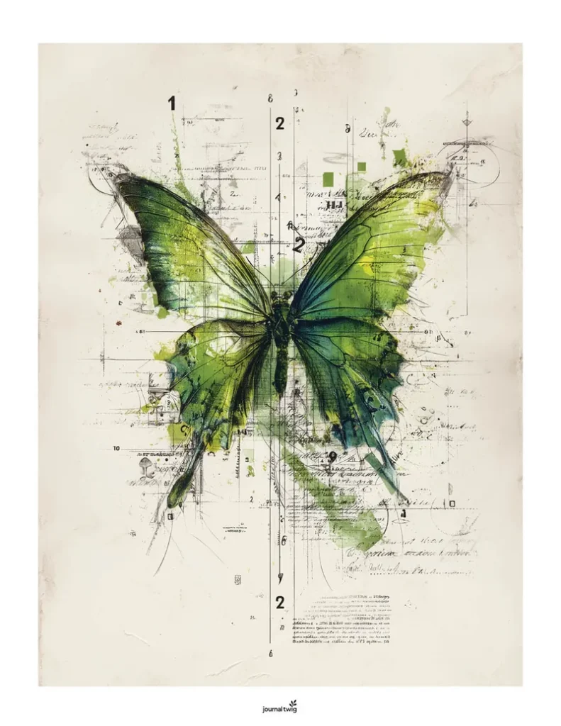Secret garden junk journal kit vertical background featuring a large green butterfly illustration with a vintage design and faint text elements.