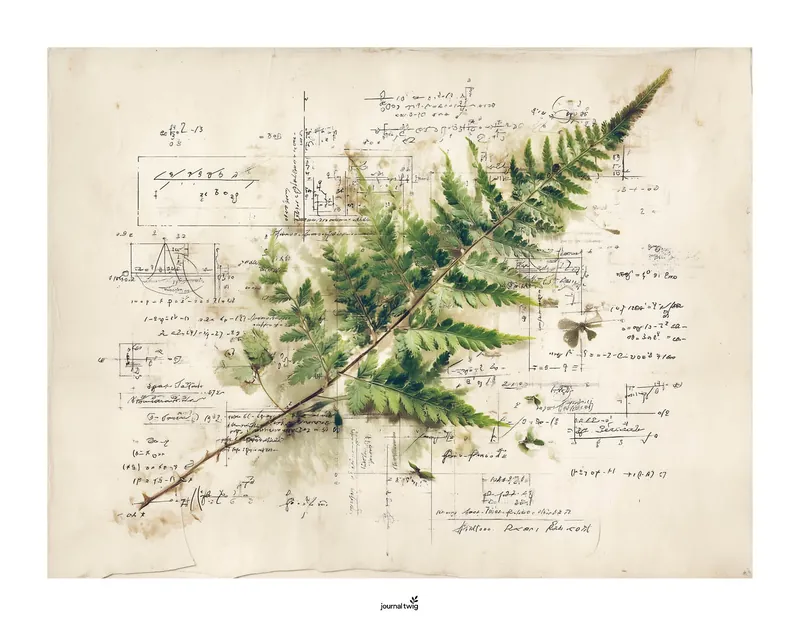 Secret garden junk journal kit features a beautifully arranged fern overlaid on vintage-style handwritten notes and sketches, with soft earthy tones and a neutral background.