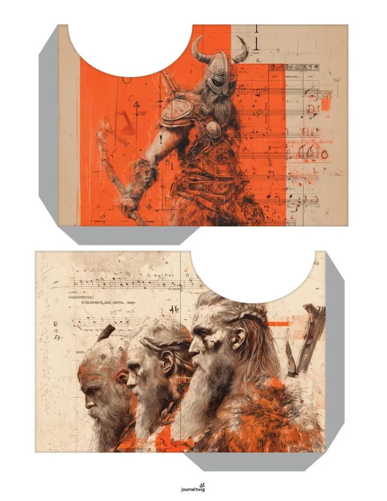 Viking junk journal kit pocket featuring illustrations of Viking warriors and musicians in earthy tones with orange highlights.