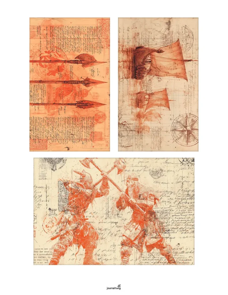 Viking junk journal kit mini cards featuring intricate illustrations of spears, Viking ships, and warriors in warm orange hues on vintage-style paper.