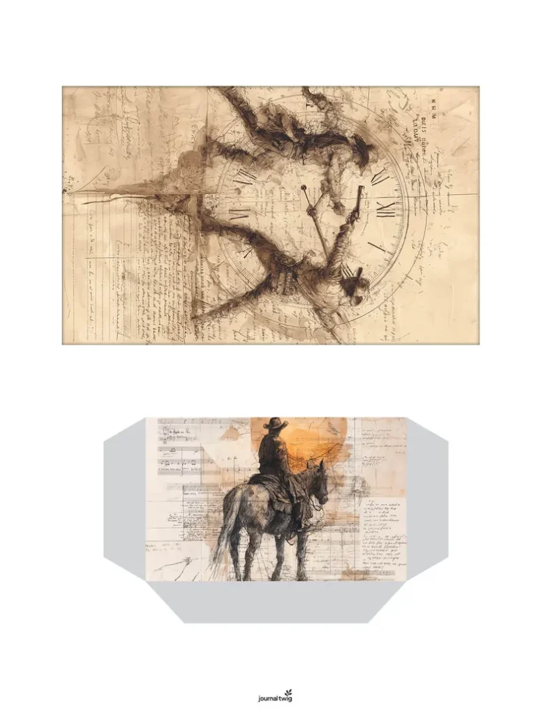 Wild West Junk Journal Kit Pocket And Tag featuring vintage tones and artistic sketches of cowboys with a cowgirl in action amidst clock motifs.