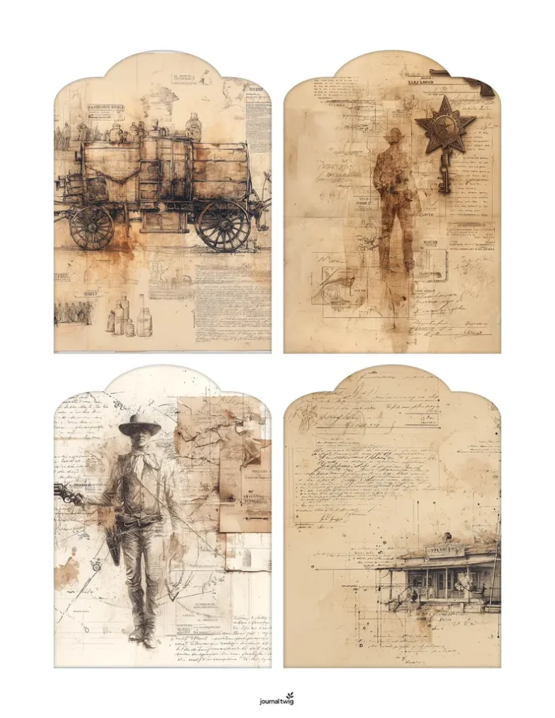 Wild West Junk Journal Kit Tags featuring vintage illustrations of a wagon, sheriff badge, cowboy, and a western storefront on textured backgrounds.