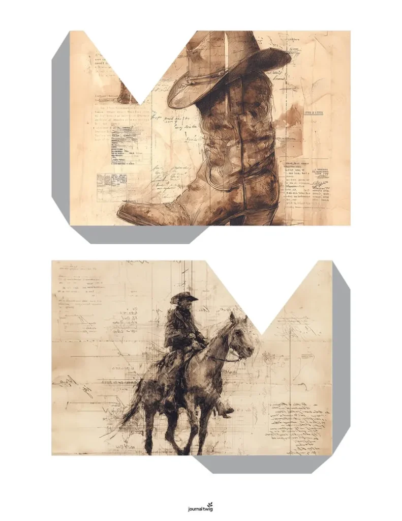 Wild West Junk Journal Kit Pocket featuring vintage-inspired illustrations of cowboy boots and a rider on a horse, rendered in earthy tones with a textured paper background.