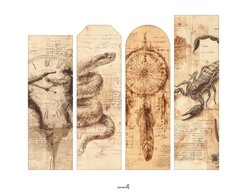 Wild West Junk Journal Kit Bookmarks featuring earthy tones, vintage illustrations, and textured backgrounds showcasing a serpent, a dreamcatcher, and a scorpion.