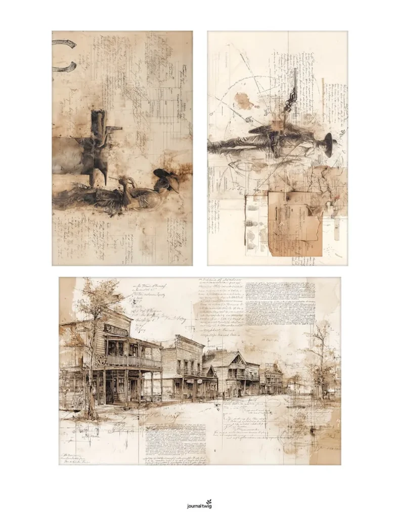 Wild West Junk Journal Kit Mini Cards featuring vintage illustrations, sepia tones, and textured backgrounds with elements like cowboy motifs, old western buildings, and handwritten notes.
