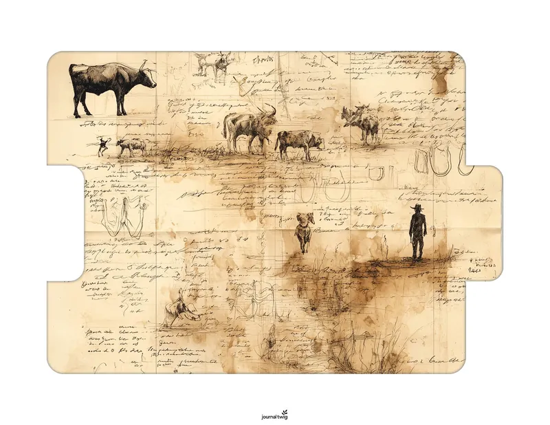 Wild West Junk Journal Kit Folding Folio featuring earthy tones, sketch-style illustrations of cattle and a cowboy, with vintage handwritten notes and textures.