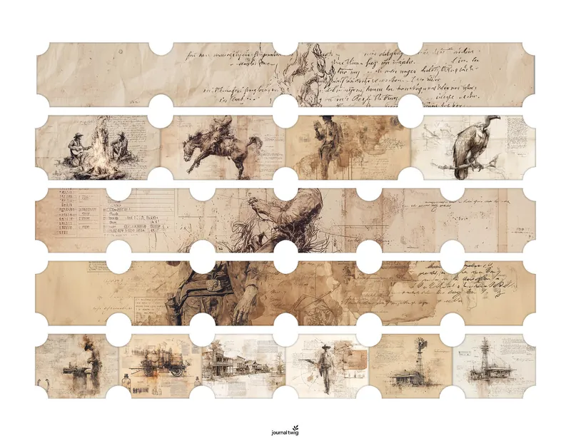 Wild West Junk Journal Kit Belly Bands featuring vintage illustrations of cowboys, horses, and historical texts in warm, earthy tones.