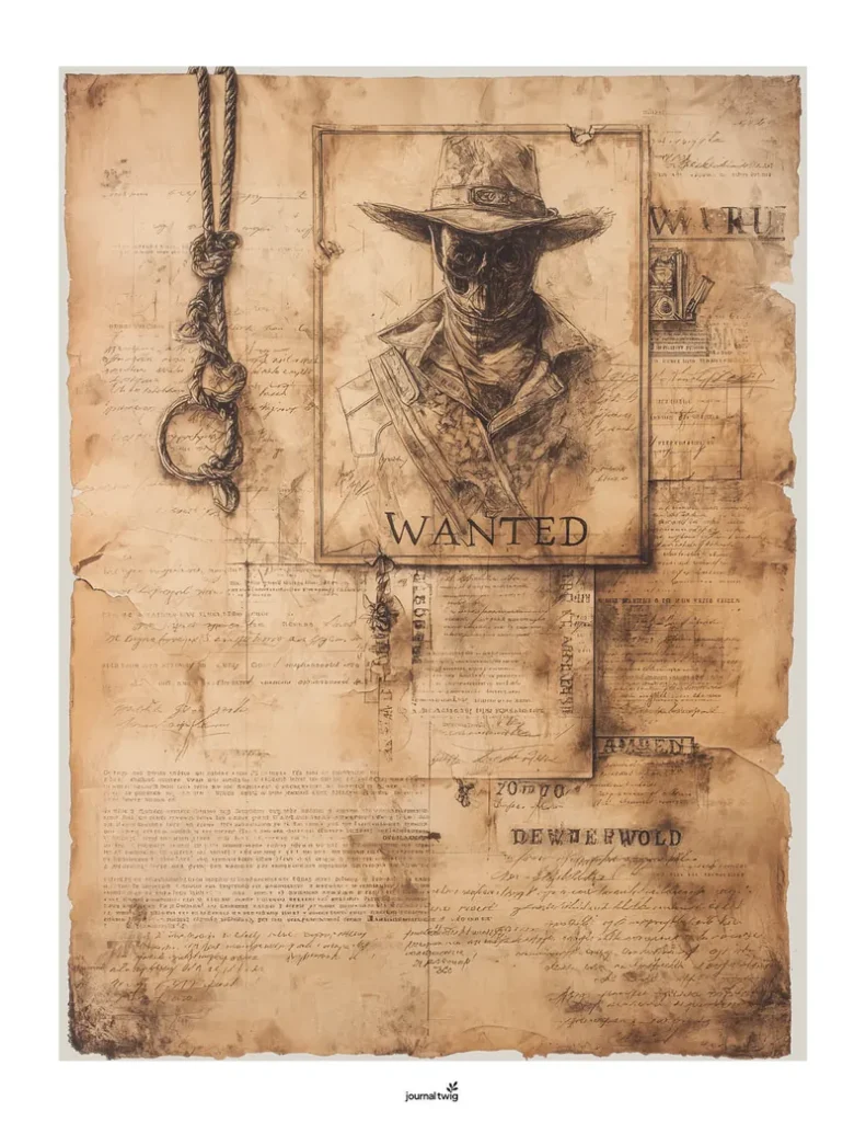 Wild West Junk Journal Kit Vertical Background featuring a vintage "Wanted" poster illustration, with sepia tones, rustic textures, and old script elements.