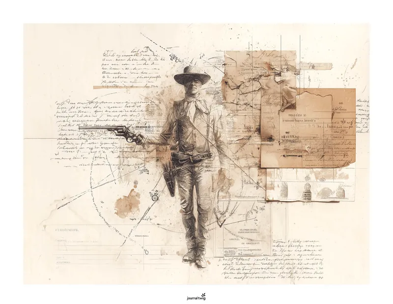 Wild West Junk Journal Kit Horizontal Background featuring a vintage illustration of a cowboy with a revolver, set against a textured background of faded paper and handwritten notes.