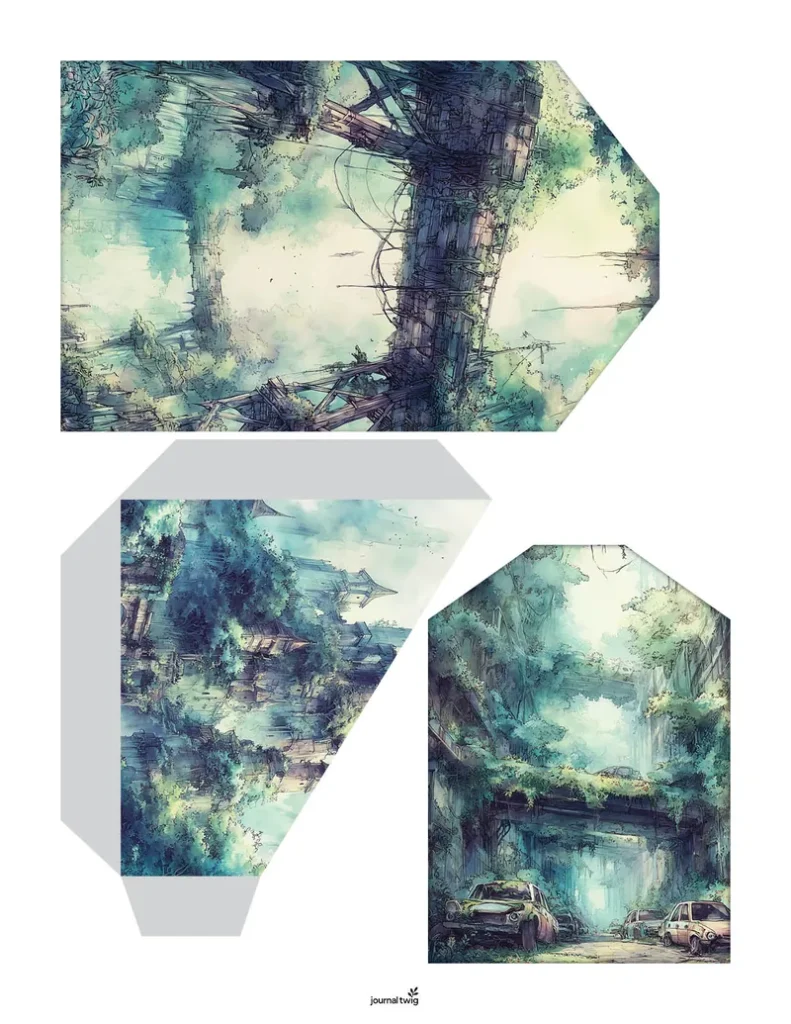 Abandoned City Junk Journal Kit Pocket And Tag featuring intricate watercolor illustrations of lush vegetation and urban ruins with a muted color palette.