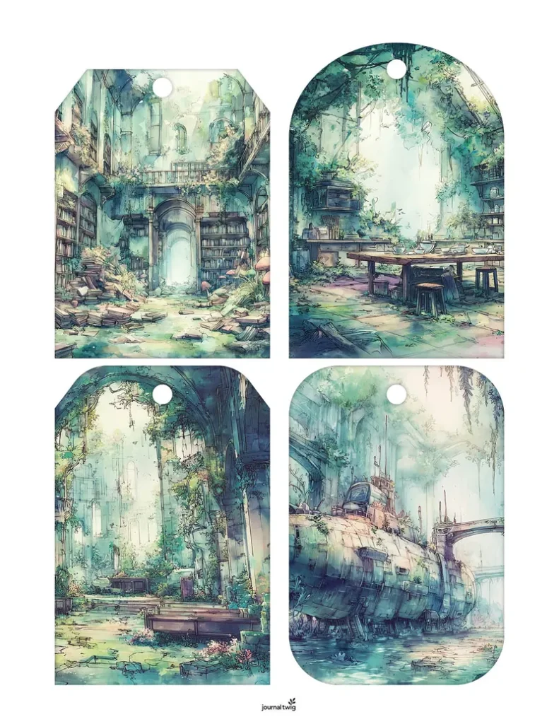 Abandoned City Junk Journal Kit Tags featuring beautifully illustrated scenes of overgrown, abandoned spaces with soft, muted colors.