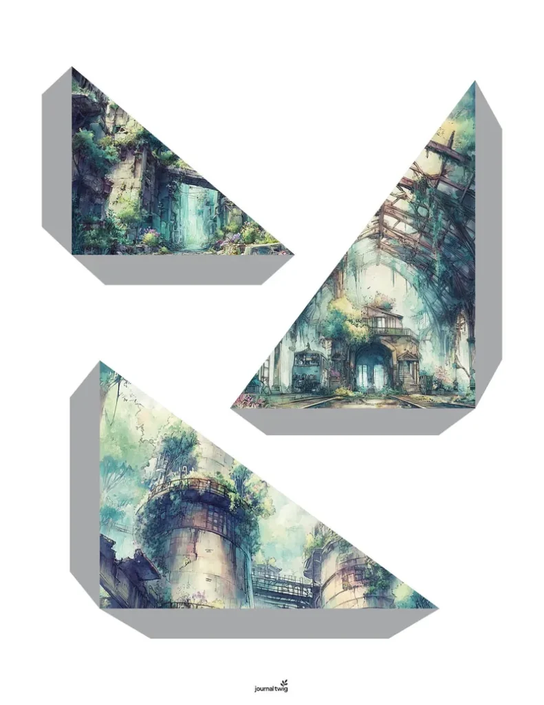 Abandoned City Junk Journal Kit Pocket featuring lush greenery and intricate city ruins illustrated in a soft watercolor style.