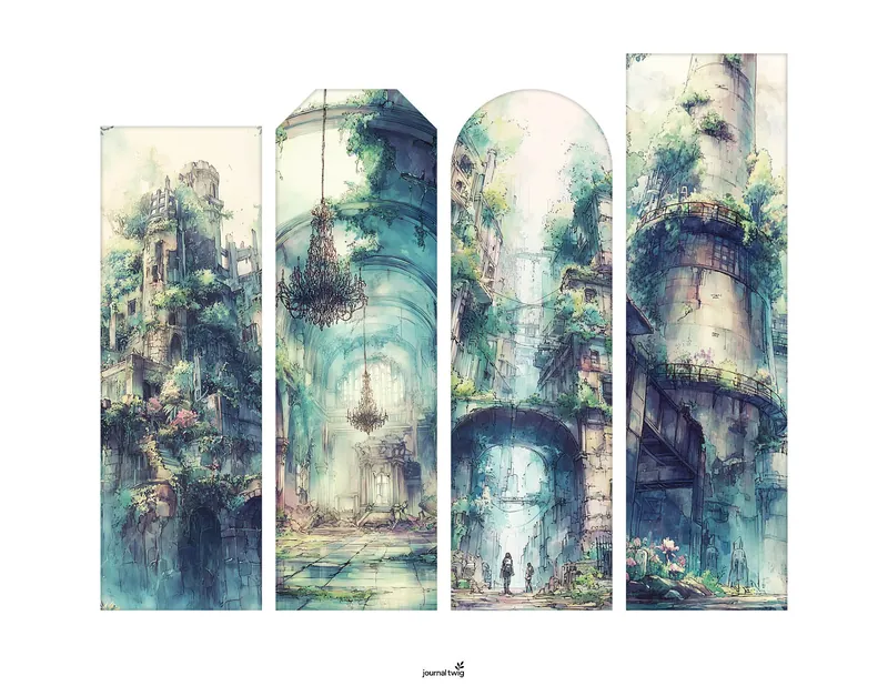 Abandoned City Junk Journal Kit Bookmarks featuring ethereal ruins with rich greenery and intricate chandeliers in a watercolor style.