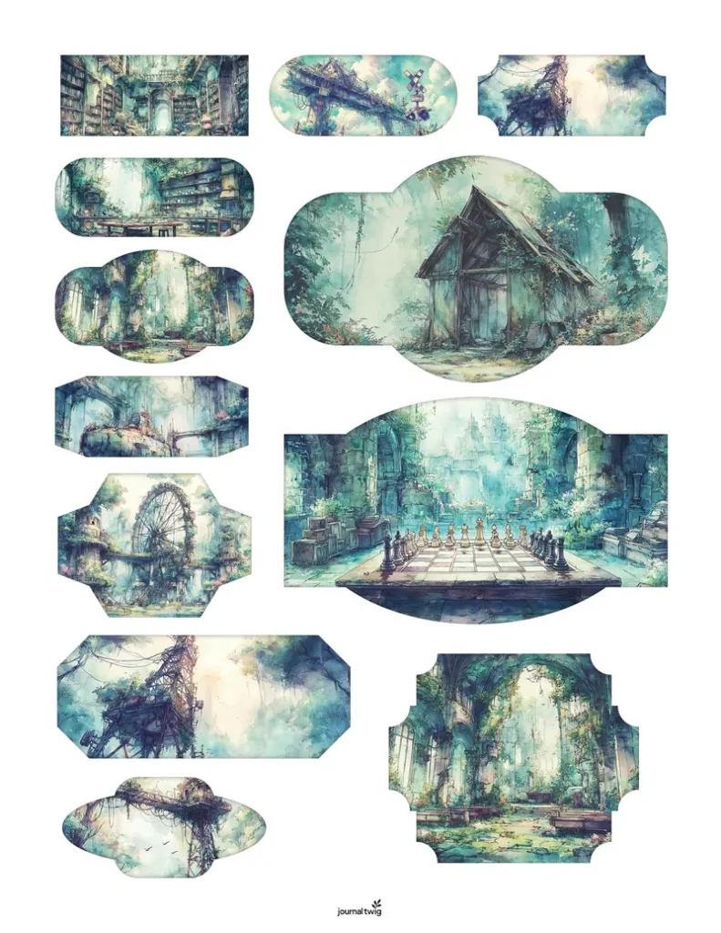 Abandoned City Junk Journal Kit Stamps and Ephemera featuring watercolor illustrations of dilapidated buildings, overgrown landscapes, and whimsical structures, designed as tags and ephemera pieces.