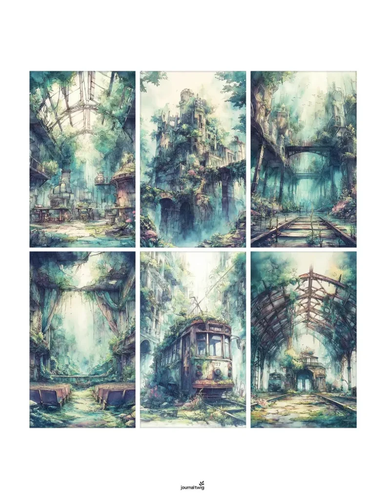 Abandoned City Junk Journal Kit Mini Cards featuring lush green overgrown ruins and vintage structures in a watercolor style.
