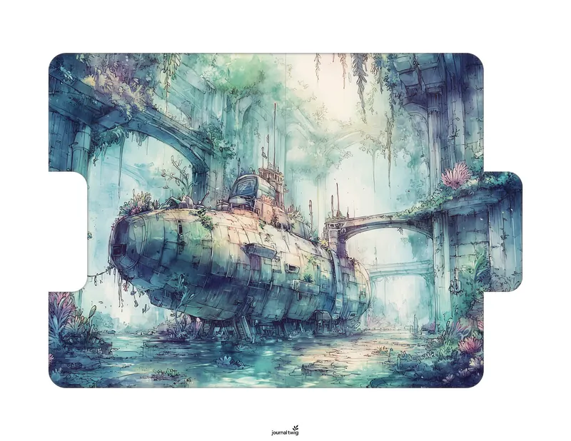 Abandoned City Junk Journal Kit Folding Folio featuring a lush, watercolor illustration of a submarine surrounded by overgrown ruins and greenery.