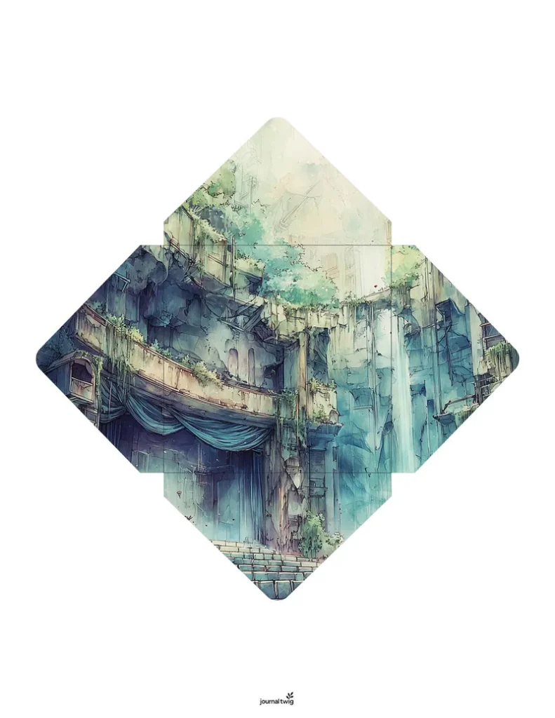 Abandoned City Junk Journal Kit Envelope featuring an intricate watercolor illustration of a decaying theater, accented by lush greenery and cascading water.