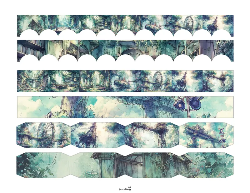 Abandoned City Junk Journal Kit Belly Bands featuring soft pastels and intricate watercolor illustrations of overgrown urban landscapes.