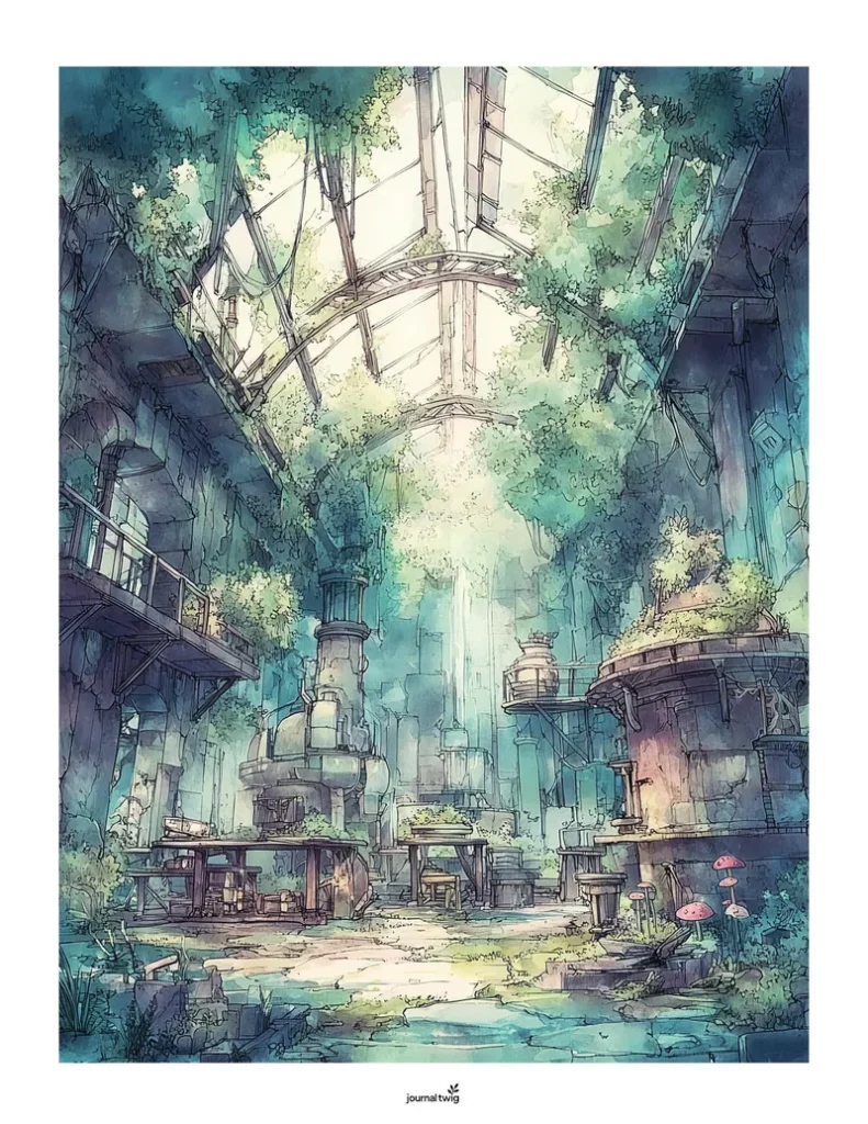 Abandoned City Junk Journal Kit Vertical Background featuring an ethereal, watercolor depiction of a lush, overgrown urban scene with intricate details of flora and architectural ruins.