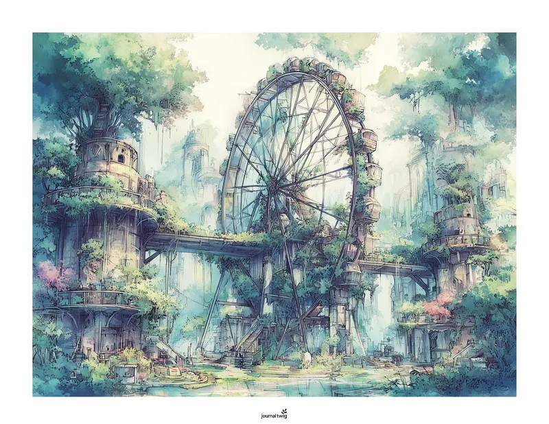 Abandoned City Junk Journal Kit Horizontal Background featuring a whimsical, overgrown ferris wheel amidst lush greenery and crumbling structures in soft, watercolor tones.