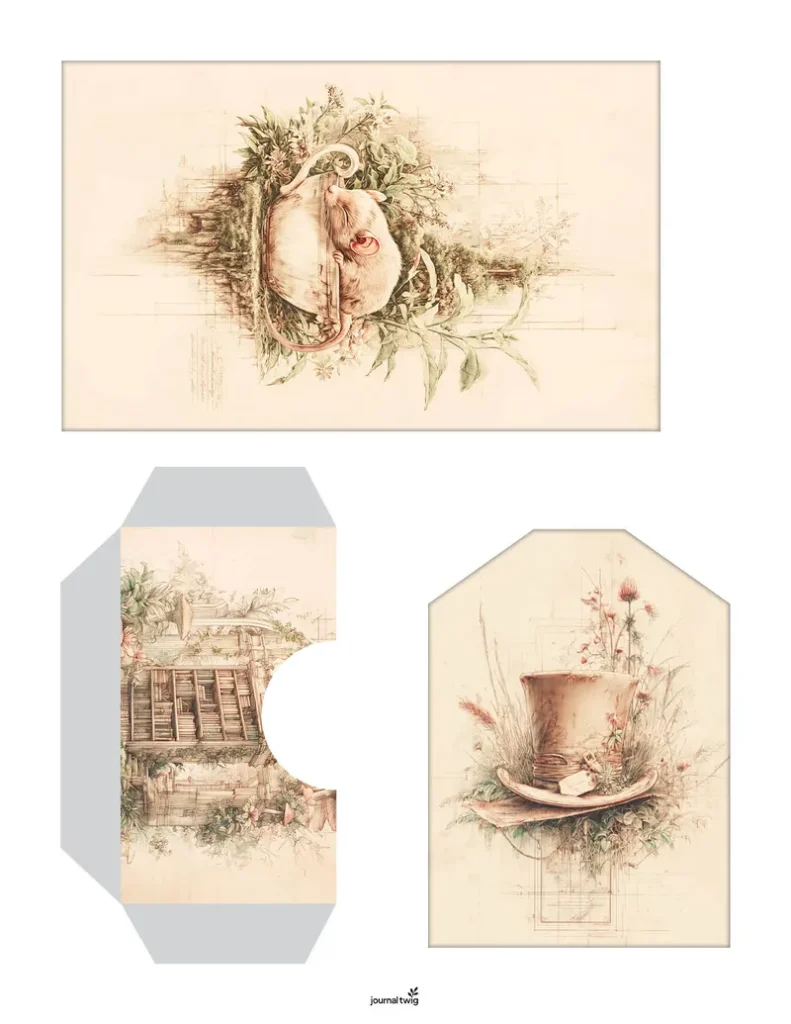 Alice In Wonderland Junk Journal Kit Pocket And Tag features whimsical illustrations of a hat and a sleeping cat surrounded by soft, vintage floral elements in muted pastel colors.