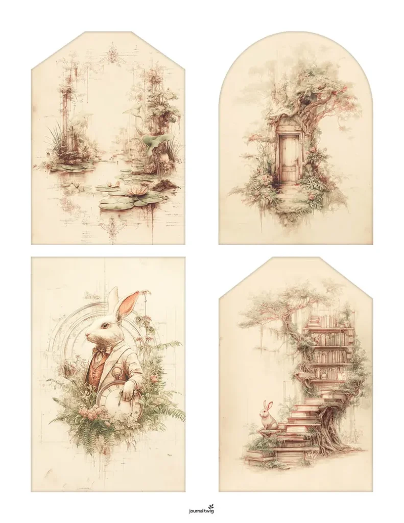 Alice In Wonderland Junk Journal Kit Tags featuring whimsical illustrations of flora, a rabbit in a suit, and enchanting landscapes with soft earthy hues.